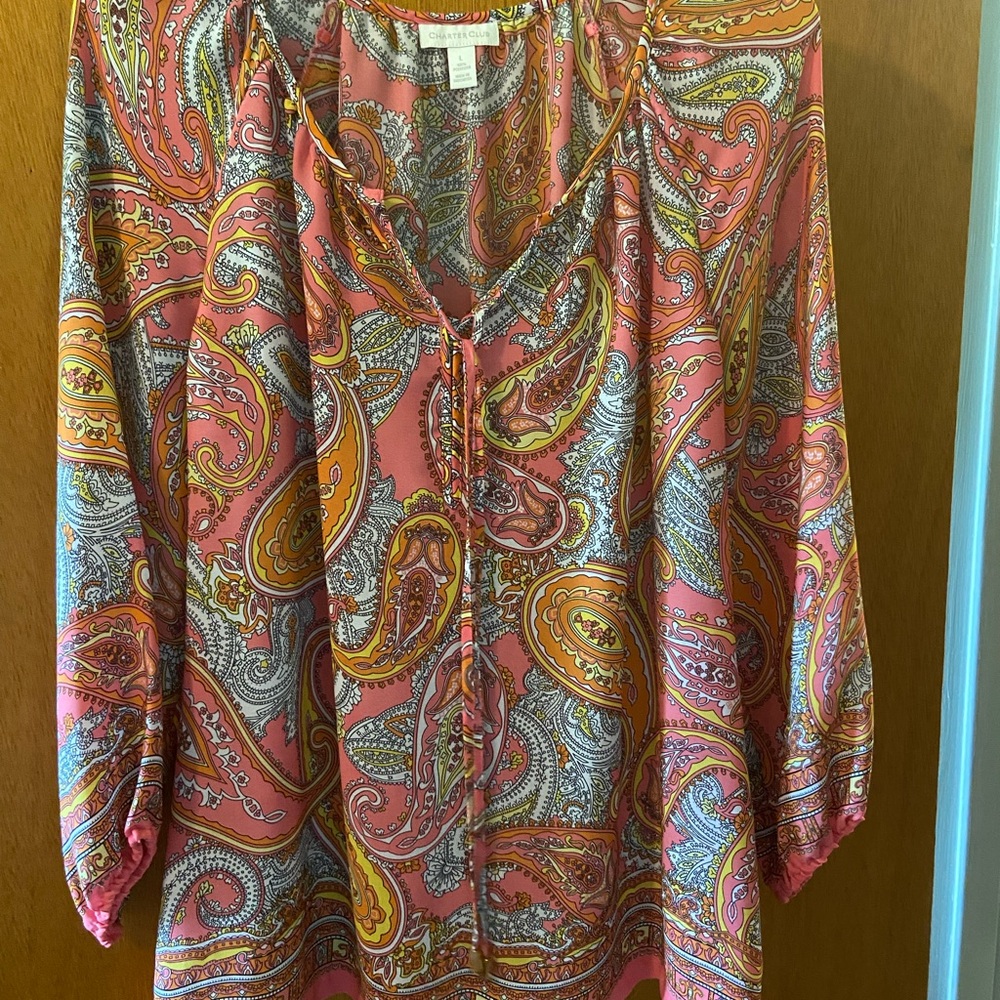 Charter Club Pink and Gold Graphic Blouse
